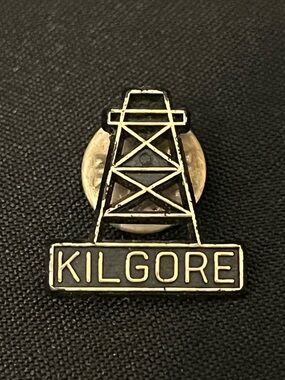 Vintage KILGORE TX Plastic Lapel Pin – Black and Gold Oil Derrick Design